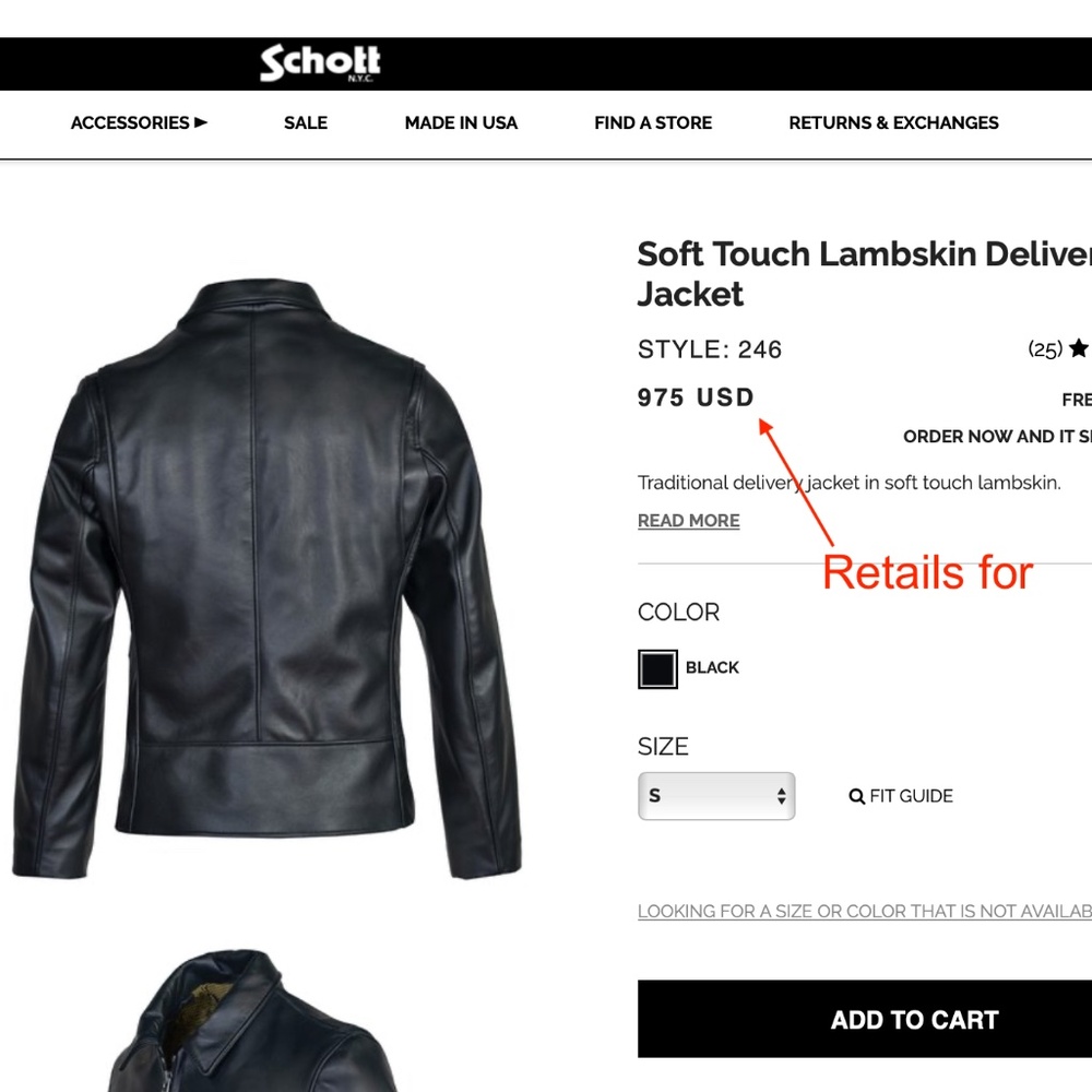Schott NYC lambskin jacket, style 246, black, Size S